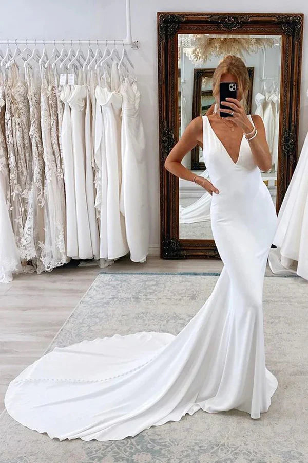 Charming Mermaid V Neck Satin Simple Long Wedding Dress